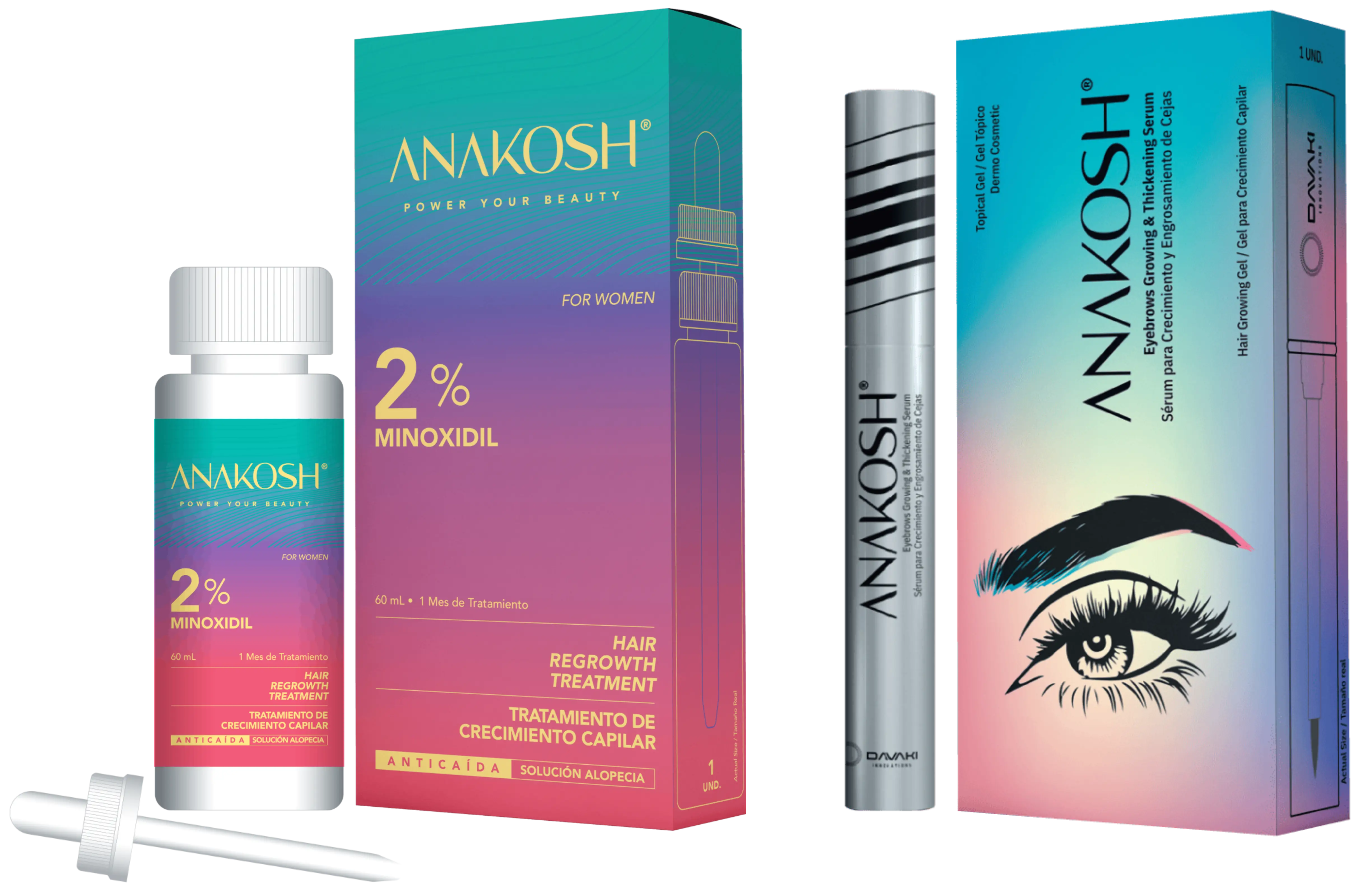 ANAKOSH Locion Minoxidil 2% y Sérum para Cejas